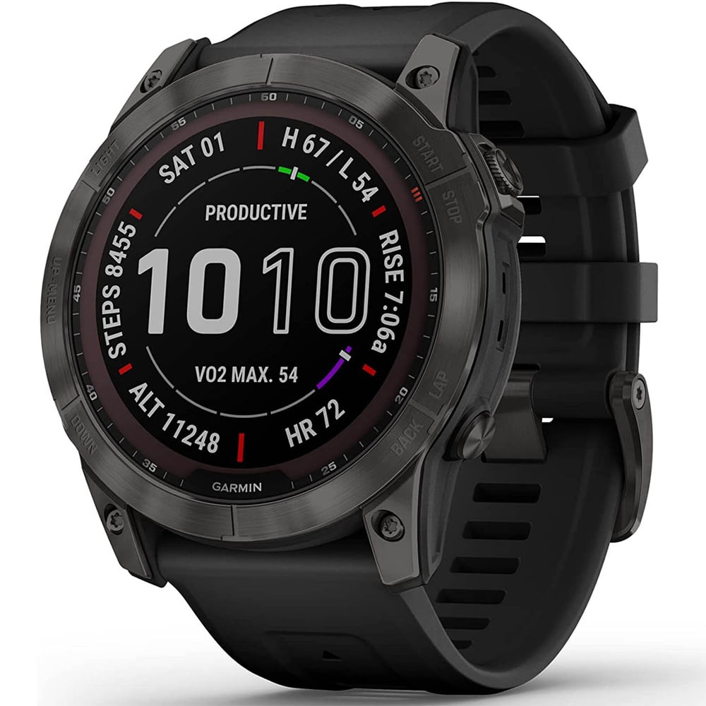 Garmin 010-02541-10 Fenix 7X Sapphire Solar Smartwatch - Carbon Gray DLC Titanium with Black Band Bundle with Deco Gear Magnetic Wireless Sport Earbuds and Deco Gear Microfiber Cleaning Cloth