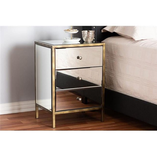 Baxton Studio RTB368-1 Nouria Moderne & Contemporain Style Régence Glamour Miroir Trois Tiroir Table de Chevet Table de Chevet