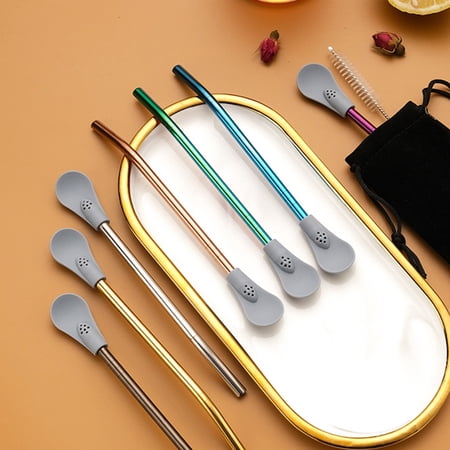 Cheers US Reusable Stainless Steel Drinking Straws with Filter Spoons Bombillas Yerba Mate Straw Drinking Stirring Removable Silicone Spoon Head Filter Stainless Steel Straws