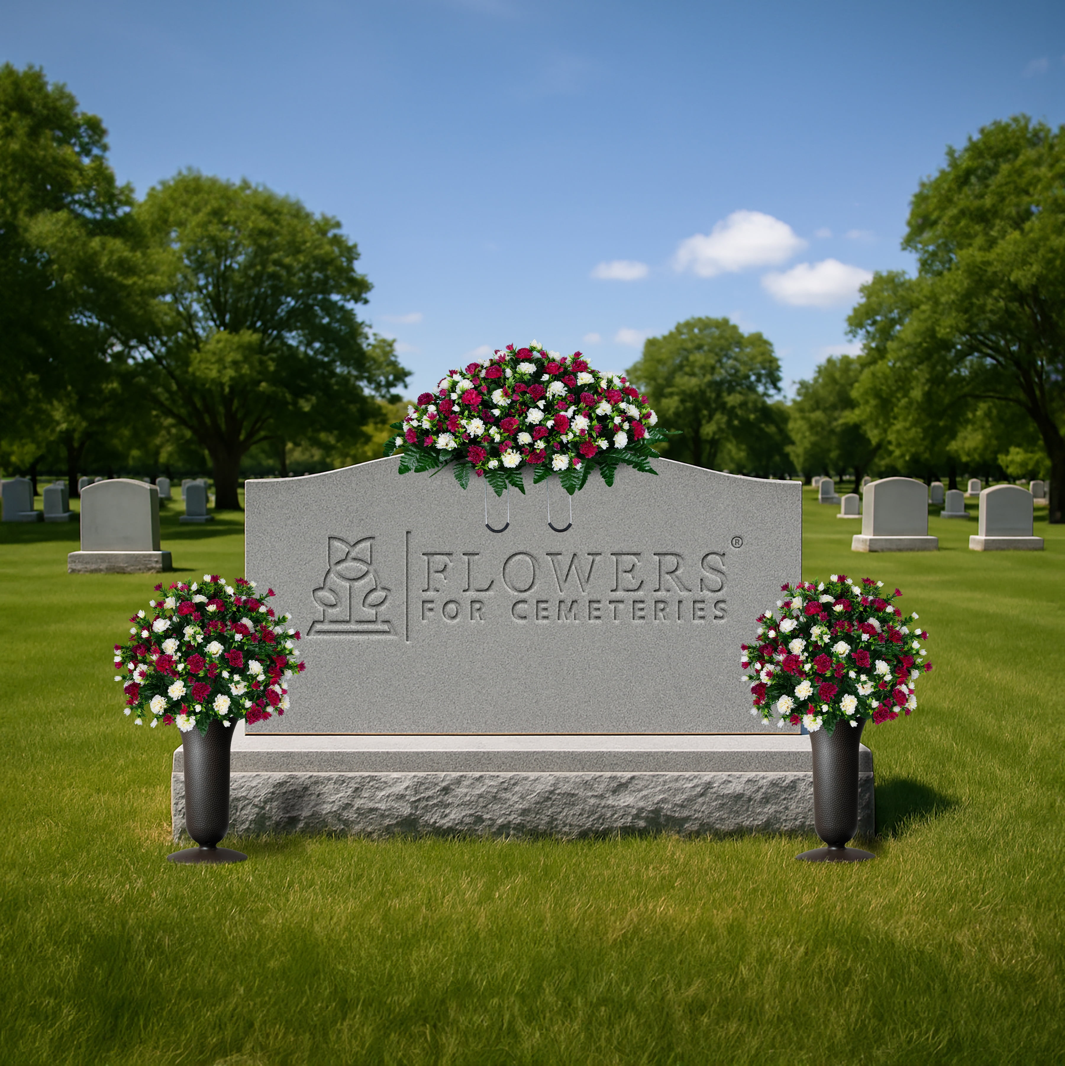 Sympathy Silks Artificial Cemetery Flowers Beauty and Cream Garden Mums 2 Bouquets & Saddle with Vases