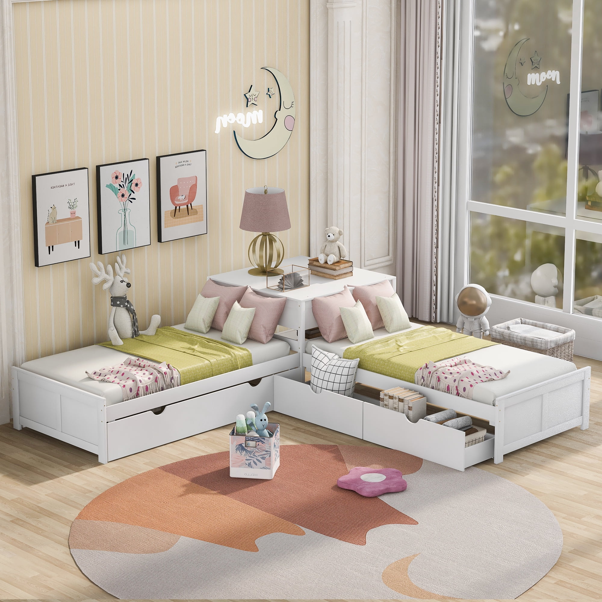 Euroco Wood  Kids Twin Size L-Shaped Platform Beds with Square Storage Table & Trundle, White
