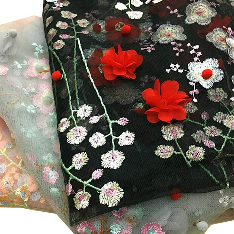  1 Meter Red 3D Flower Applique Lace Fabric Embroidered Mesh  Tulle for Sewing Dress Table Skirt Curtain Decor Crafts