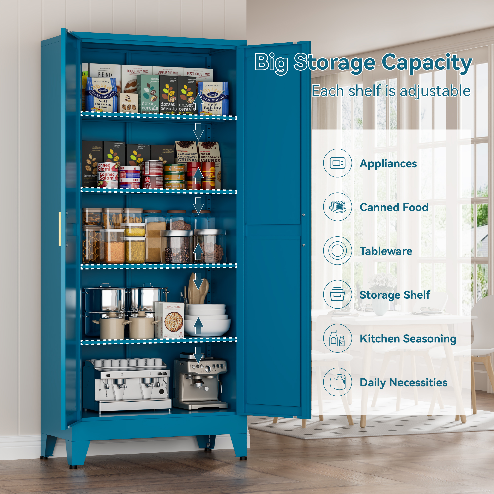 CHSHIN Metal Kitchen Pantry Cabinet, 71" Blue Farmhouse Storage Cabinet with 2 Vintage Barn Doors and 4 Adjustable Shelves, Rustic Freestanding Cupboard for Kitchen