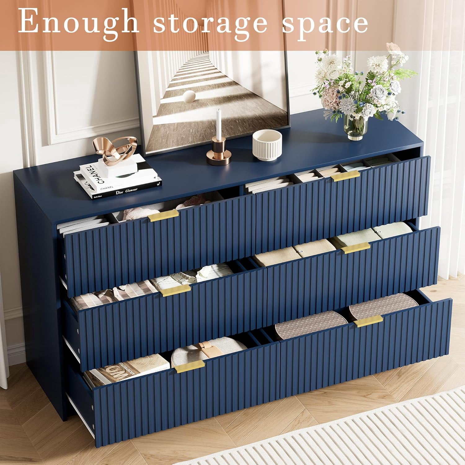 FURNIWAY Blue 6 Drawer Dresser for Bedroom, 55 Inch Wide Modern Chest of Drawers with Fluted Wood Front and Gold Metal Handles for Living Room Hallway