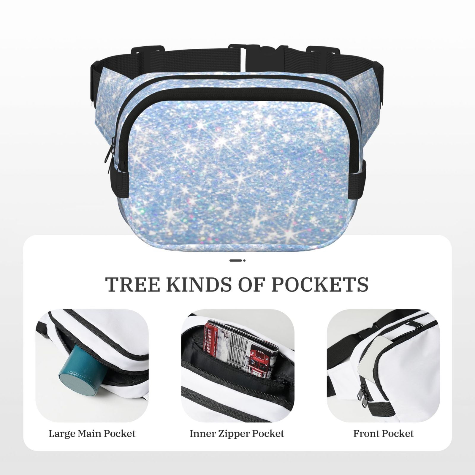 Picia White Bule Glitter Print Square Double-Layer Waist Bag Mini Adjustable Waist Belt Bag Exercise Running Travel Hiking