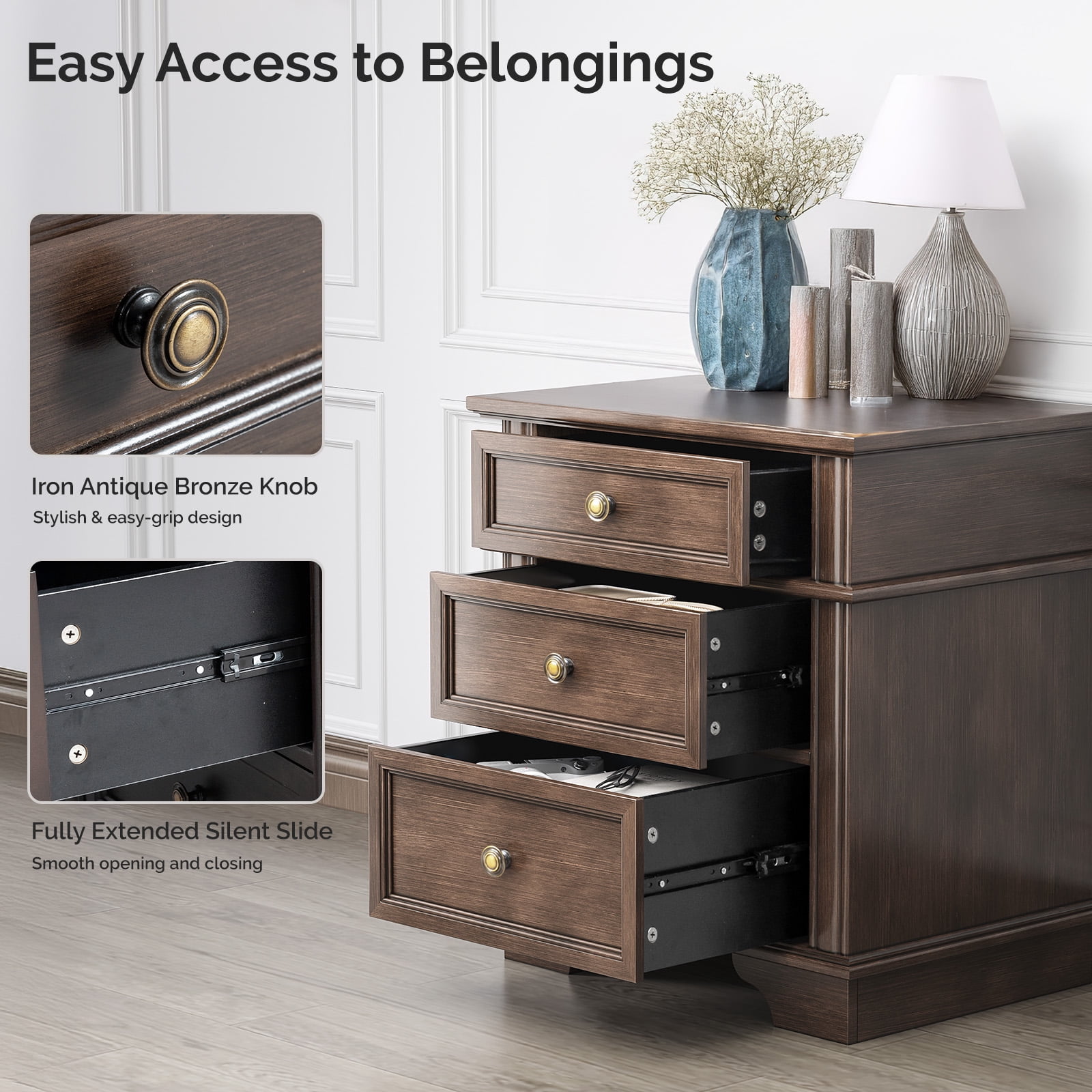 Ktaxon Wooden Nightstand with Outlets & USB Ports, 3 Drawer Traditional Cottage Bedside Table, Brown