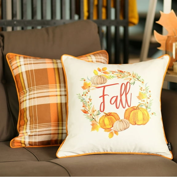 Fall Thanksgiving Decorative Throw Pillow Plaid & Pumpkins Set of 2