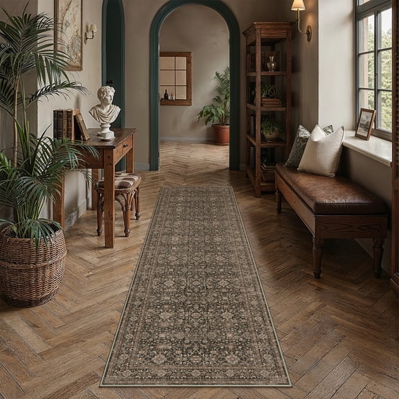 WIPONKEN 2x8 Runner Rugs for Living Room Bedroom Dining Room Office Farmhouse, Machine Washable Non Slip Vintage Persia Rug Brown