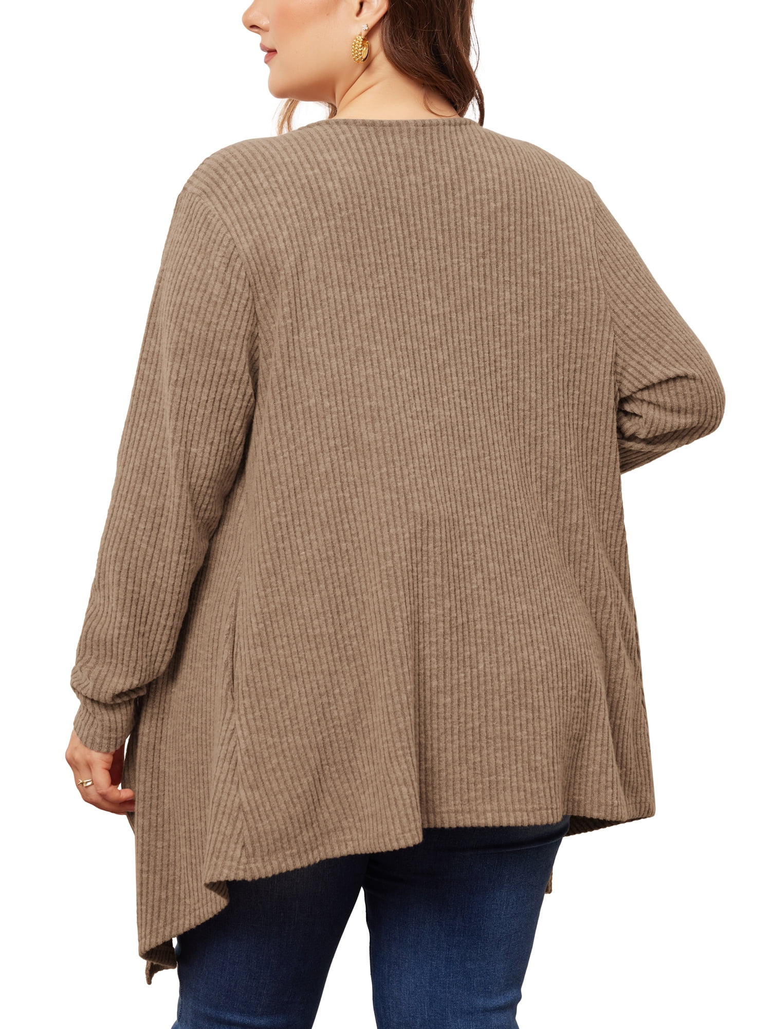 DARING DIVA Plus Size Open Front Irregular Hem Long Sleeve Cardigan 1X Dark Khaki