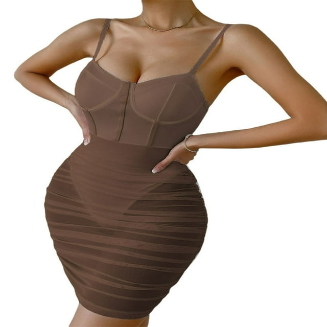 Robe Sans Manches en Tulle Transparent pour Femmes, Moulante, Transparente, à Bretelles Spaghetti, Mini-Robe Froncée pour Boîte de Nuit et Fête