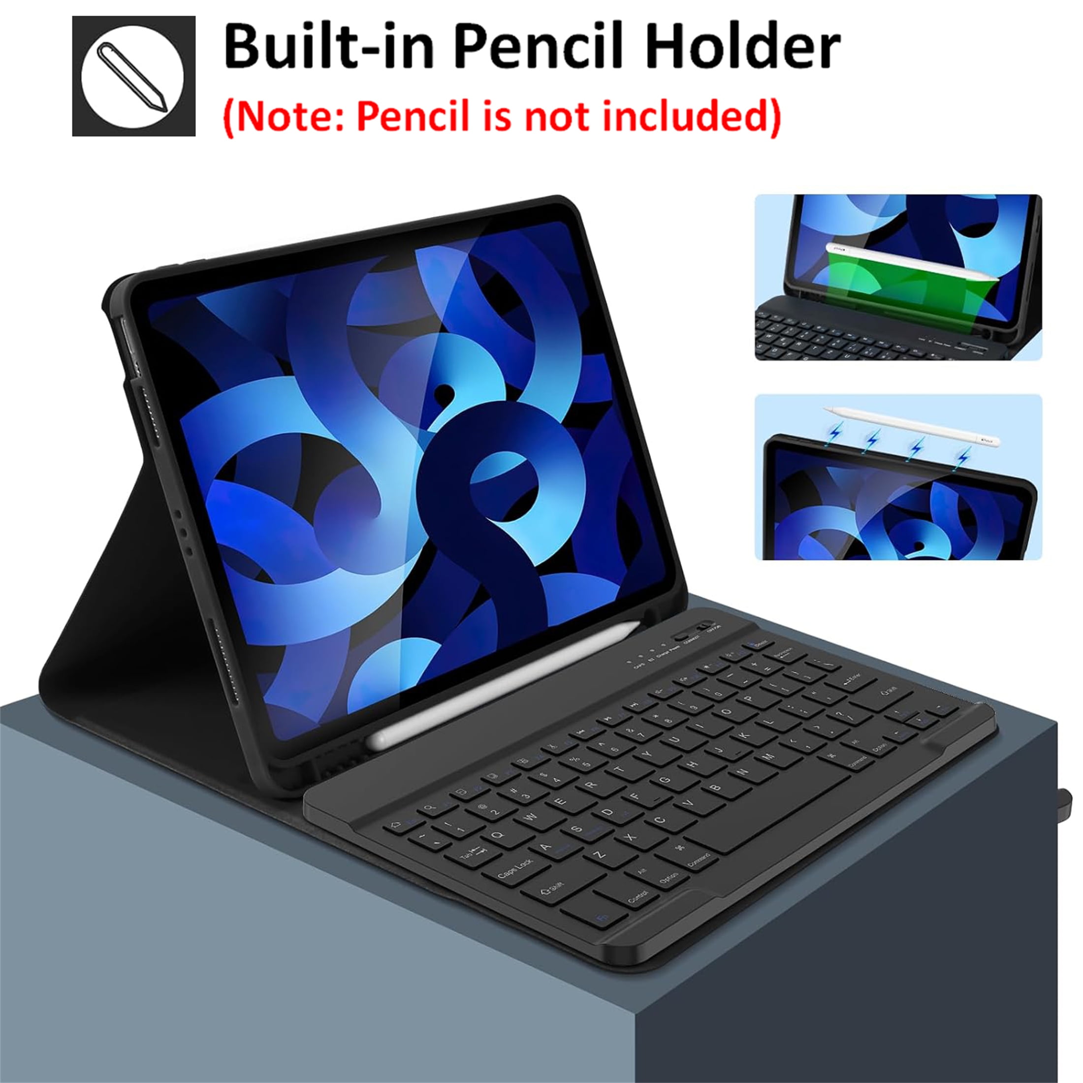 Wireless Bluetooth Keyboard Shockproof Smart Case with Pencil Holder for iPad 9th 2021 8th 7th Gen 10.2 inch Black