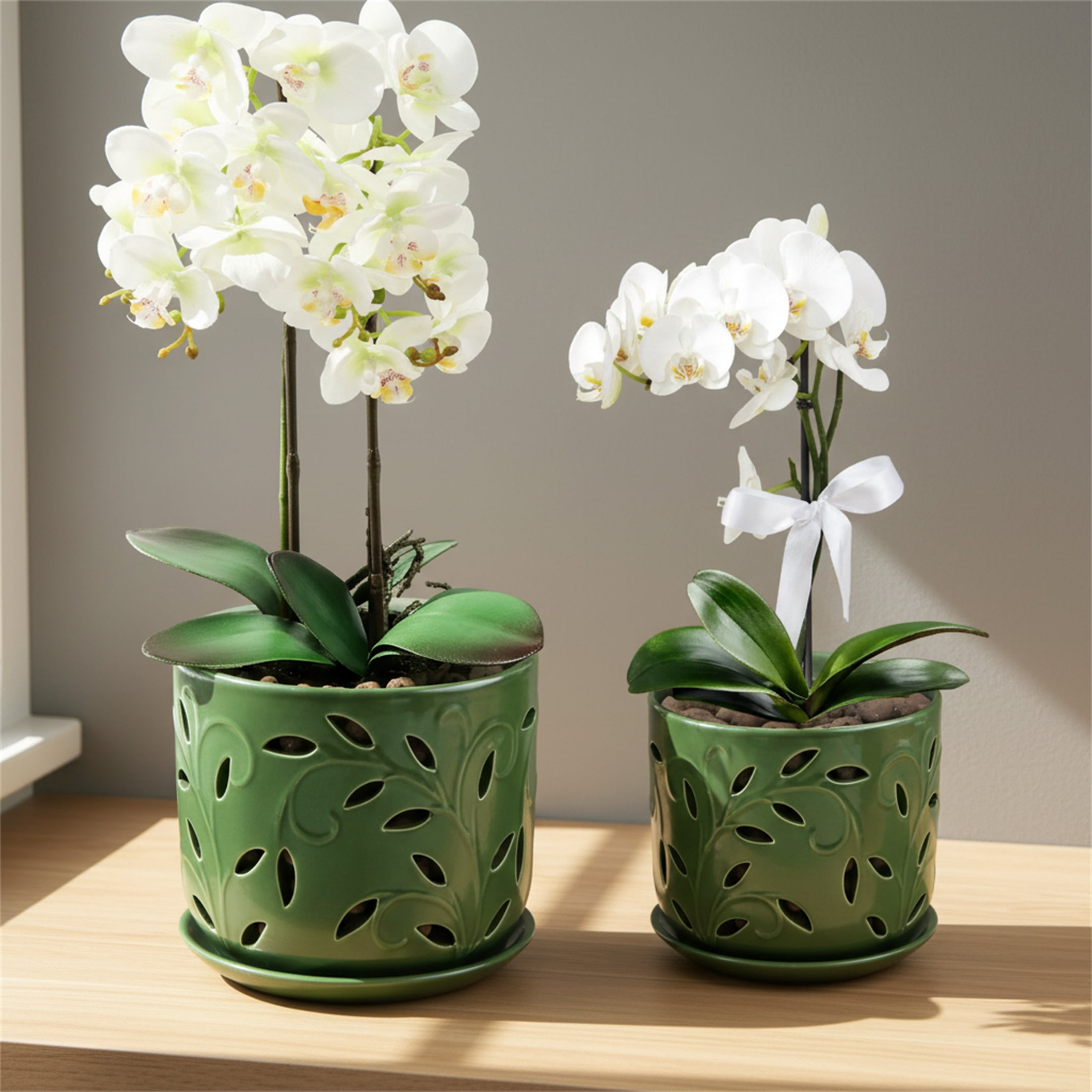 BUYMAX 5" & 6" Ceramic Orchid Pots with Holes and Trays, Leaf Lattice Verdigris Patina, Set of 2