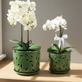 thumbnail image 3 of BUYMAX 5" & 6" Ceramic Orchid Pots with Holes and Trays, Leaf Lattice Verdigris Patina, Set of 2, 3 of 10