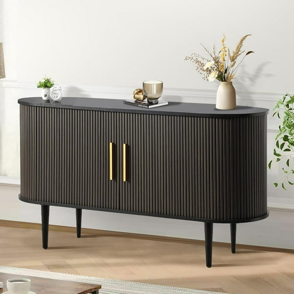 Fluted Buffet Cabinet, 55" Sideboard Tambour Buffer Cabient wtih Storage, Sliding Door, Mid Century Modern Console Table with Adjustable Shelf, Modern Accent Cabinet for Kitchen (Black)