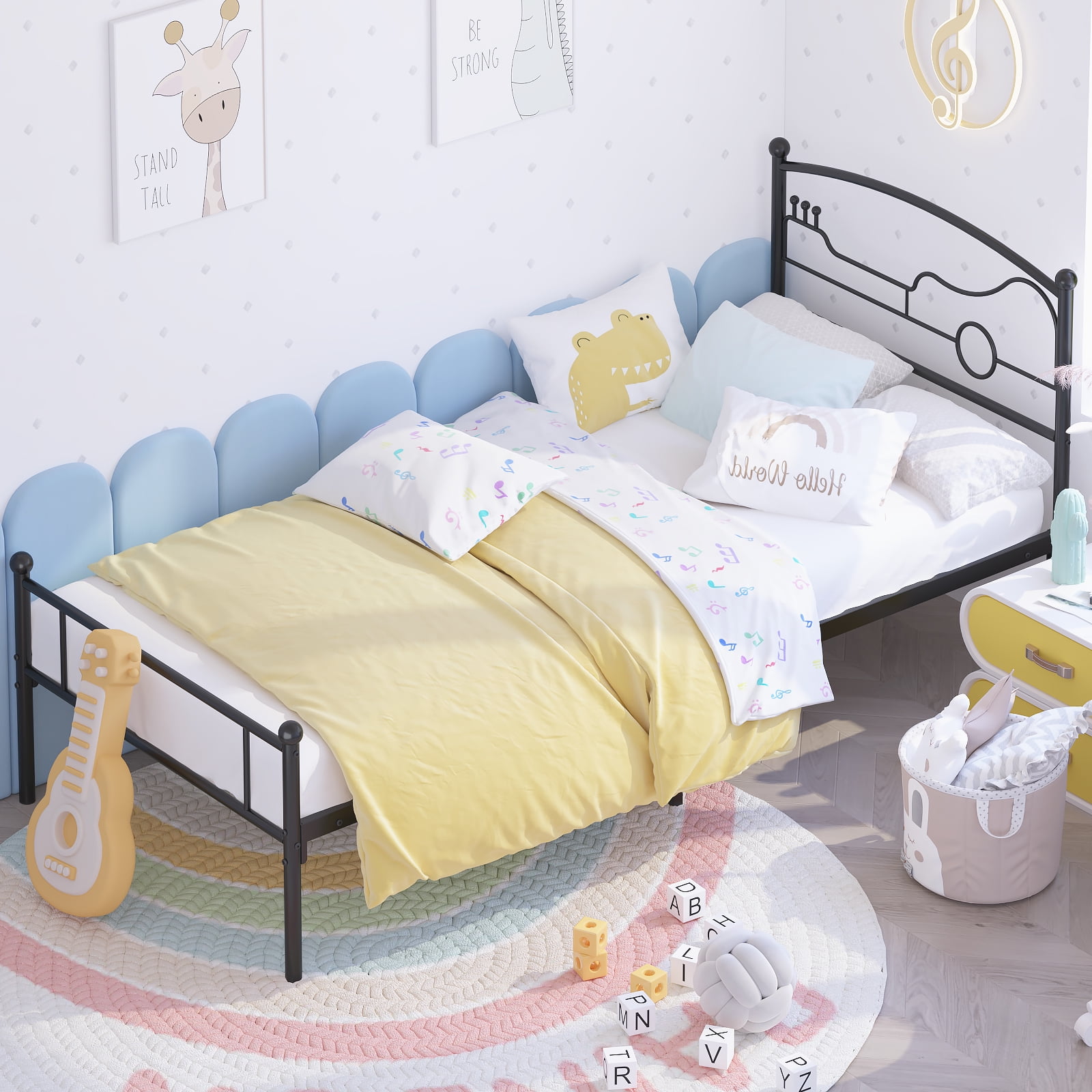 Yoneston Twin Size Platform Bed with Guitar Headboard Heavy Duty Metal Bed Frame for Boys Kids Teens Bedroom Furniture, Black