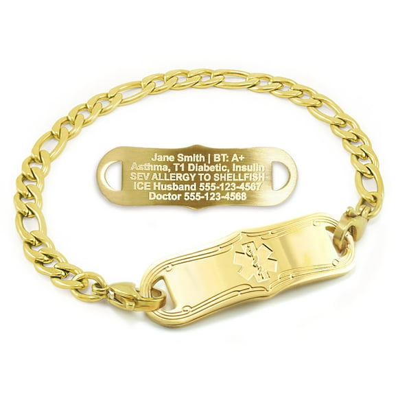 MedicEngraved Yellow Gold Stainless Steel Custom Medical Alert Bracelet - 5mm Figaro Link