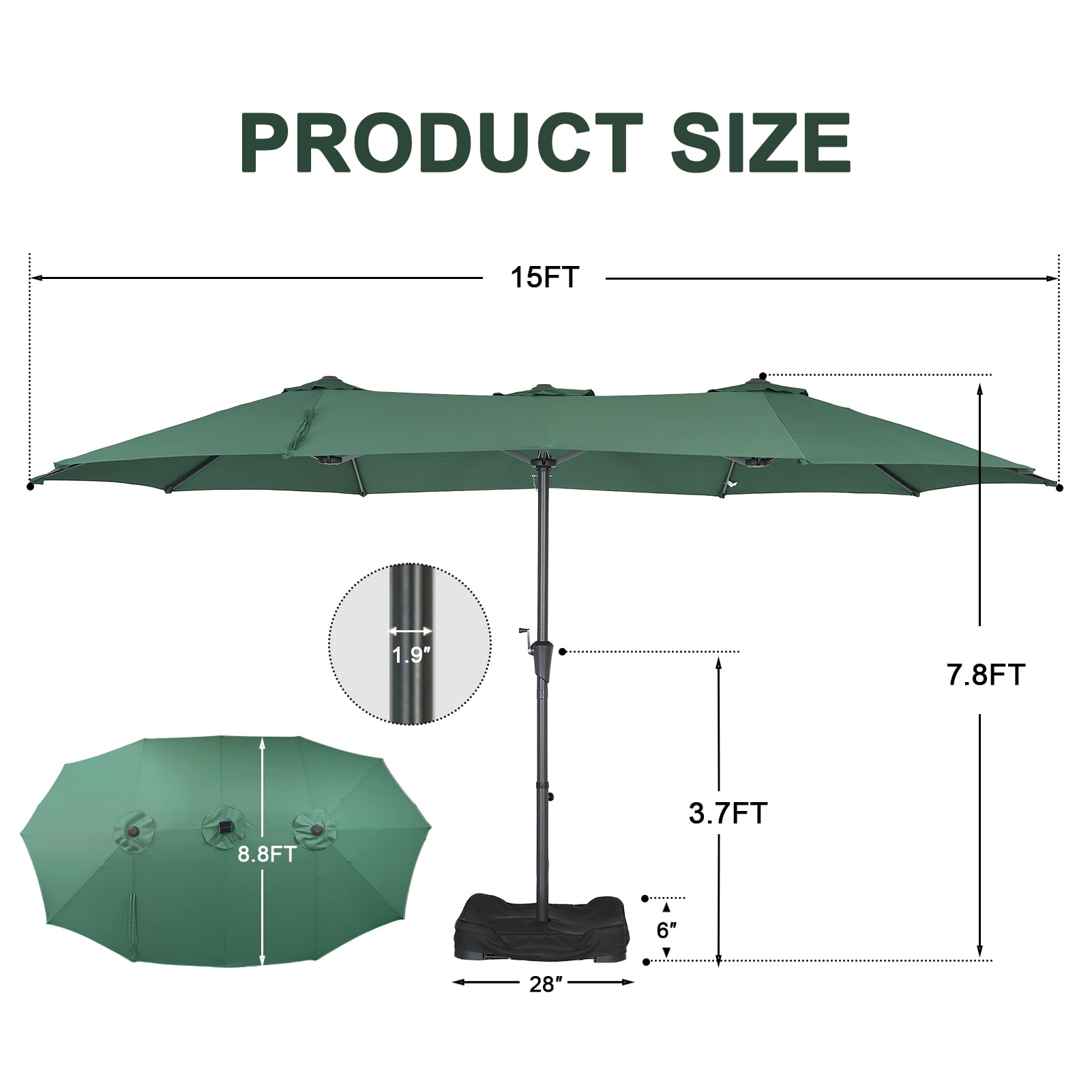 Ainfox 15ft Large Patio Umbrella, Double-Sided Outdoor Rectangle Table Umbrellas with Fillable Weighted Sand Bag Base，Green