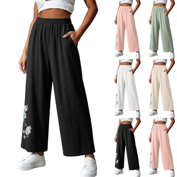 Favoffer Women's Linen Embroidered Pants Loose Casual Solid Color Slimming Trousers Breathable Fashion Summer Bottom for Holiday Leisure Street