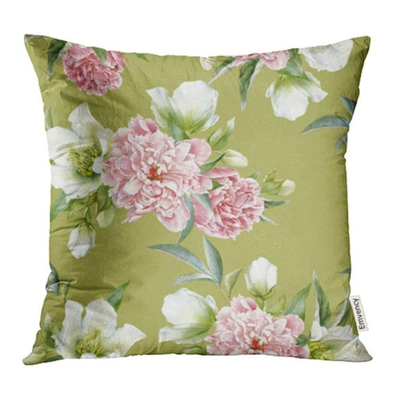 BSDHOME Pink Peony Floral with Peonies and Hellebore White Watercolor Bloom Blossom Pillowcase Cushion Cover 20x20 inch