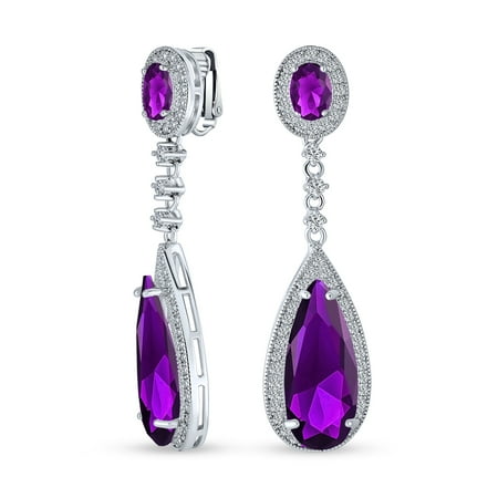 Bling Jewelry Womens Statement Teardrop Purple CZ Dangle Chandelier Clip-On Earrings Silver Plated
