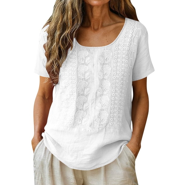 Craaazy Women Casual Loose Fit Blouse, Solid Color Short Sleeve Cotton Linen Top, Comfy Round Neck Embroidered Tunic for Daily Wear Gifts