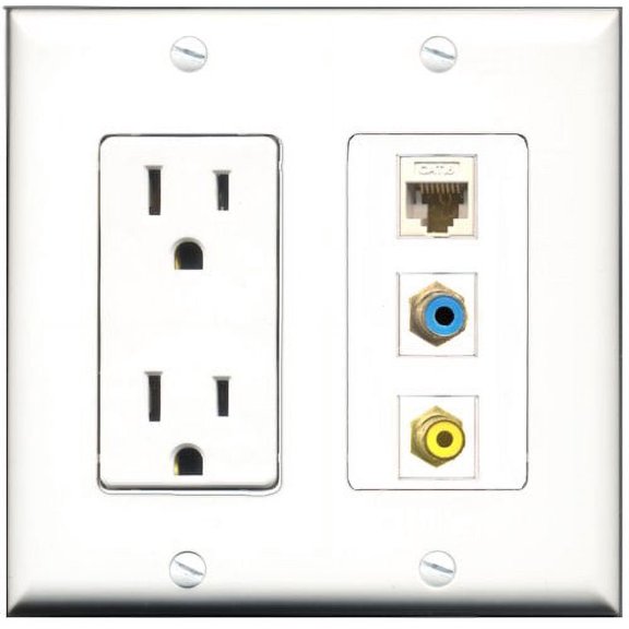 RiteAV - 15 Amp Power Outlet 1 Port RCA Yellow 1 Port RCA Blue 1 Port Cat6 Ethernet Ethernet White Decorative Wall Plate