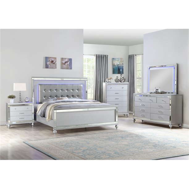 4 Piece King Size Bedroom Set, Modern Bedroom Furniture Set with Wood