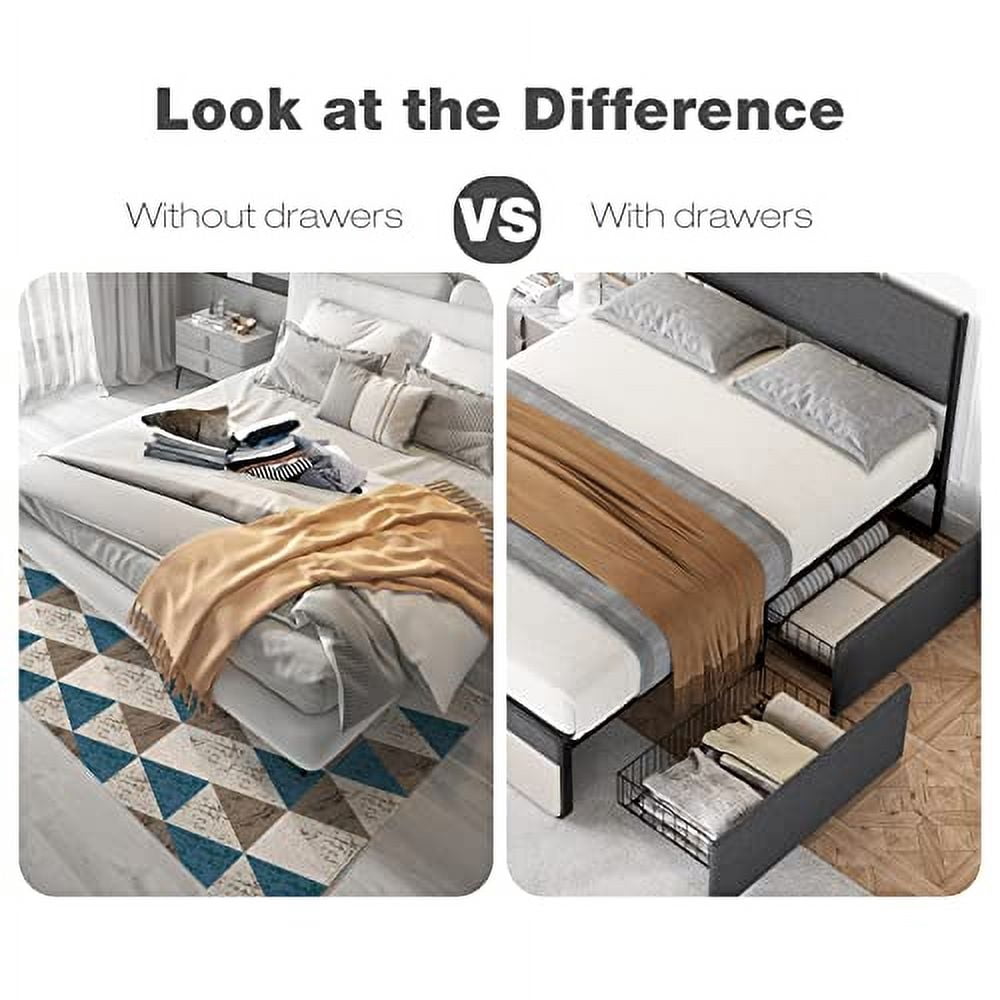Full/Queen Size Bed Frame with 2 Storage Drawers, Platform Upholstered Bed Frame with Headboard, Mattress Foundation with Steel Slat Support, No Box Spring Needed