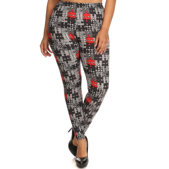Plus Size Puzzle/plaid Print, Full Length Leggings In A Slim Fitting Style With A Banded High Waist Multi
