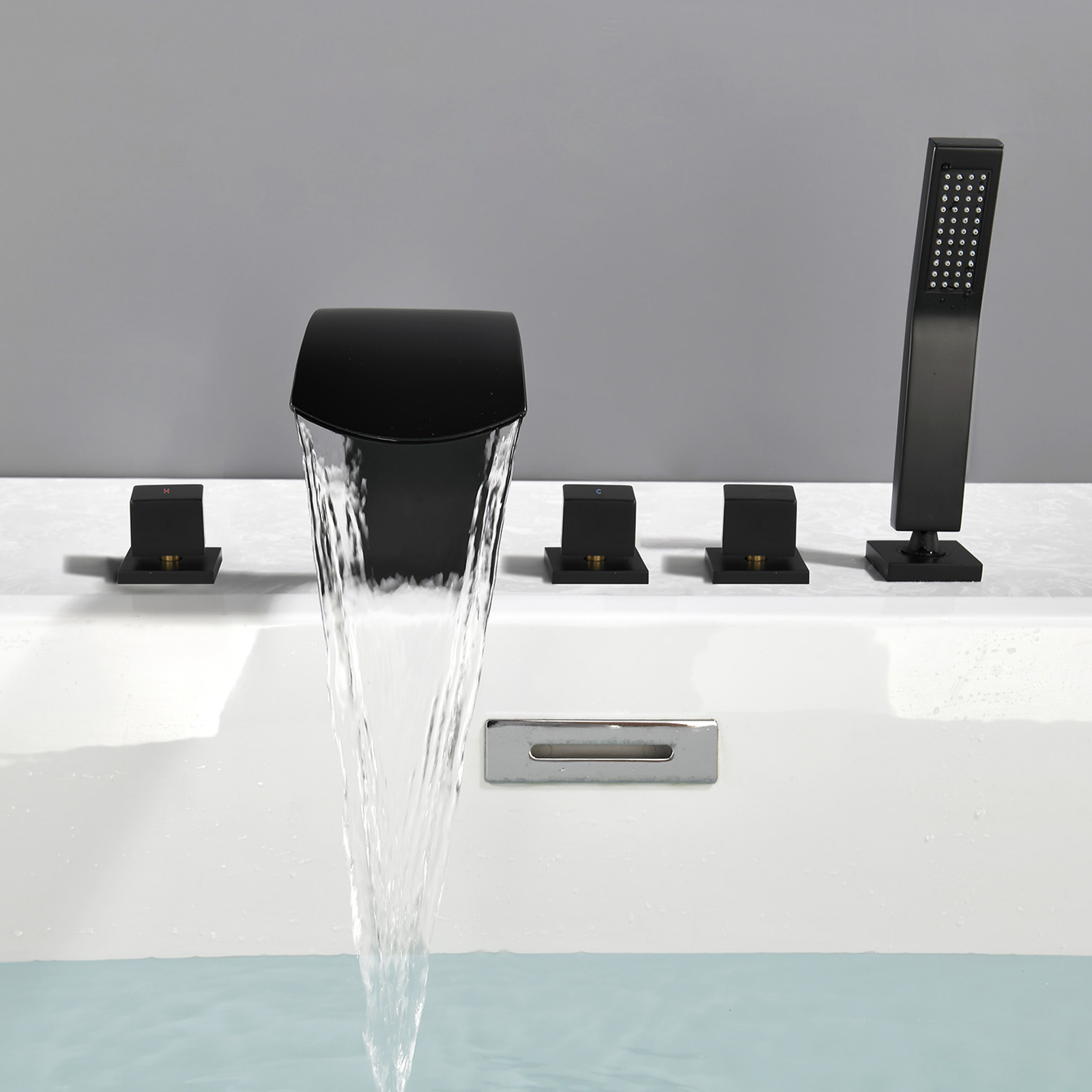 Cobbe Deck Mount Bathroom Bathtub Faucet with 2 Switches, 1 Diverter Knob, 3.74-Inch Wide Waterfall Spout and Handheld Sprayer Matte Black