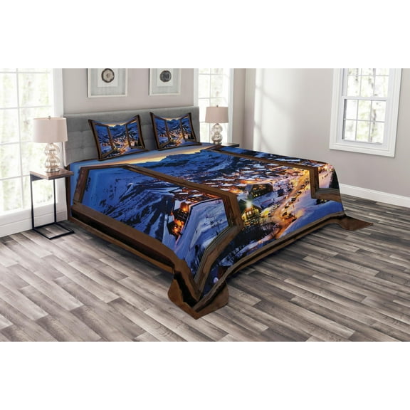 Ambesonne Landscape Quilted Bedspread Set 3 Pcs, Winter Season Town, King Size, Multicolor