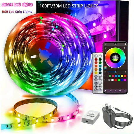 

100ft LED Strip Lights For Bedroom Smart Rope With 44 Key Remote RGB Color Changing Music Sync Lights App Control Living Room Home Christmas