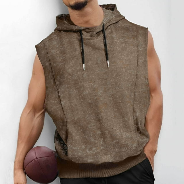 Blusa sin mangas con capucha para hombre, color liso, informal, deportiva, con cordón, blusa sin mangas con capucha para hombre, tops de poliéster para hombre