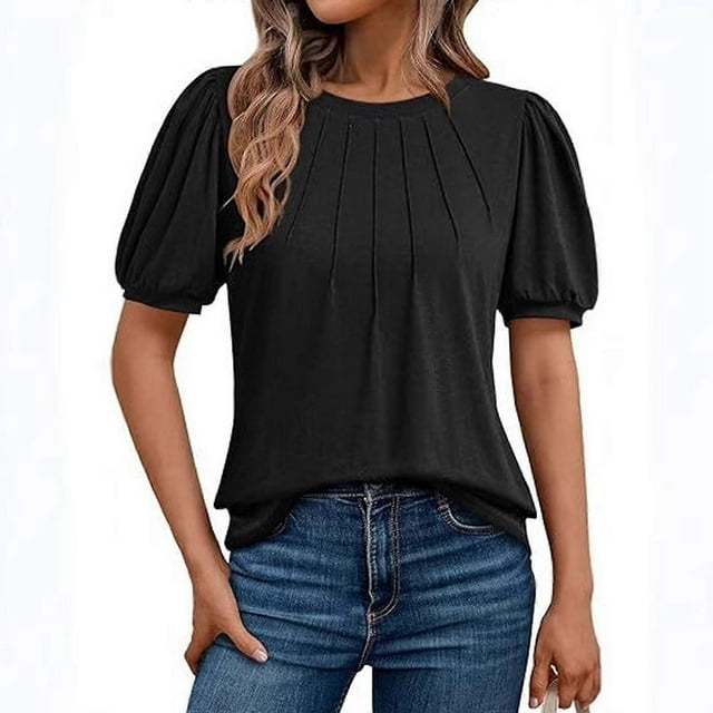 Women's Basic T-Shirt Puff Short Sleeve Pleated Crew Neck Loose Fit Blouse Top Solid Color Tunics Shirt for Everyday Wear White M