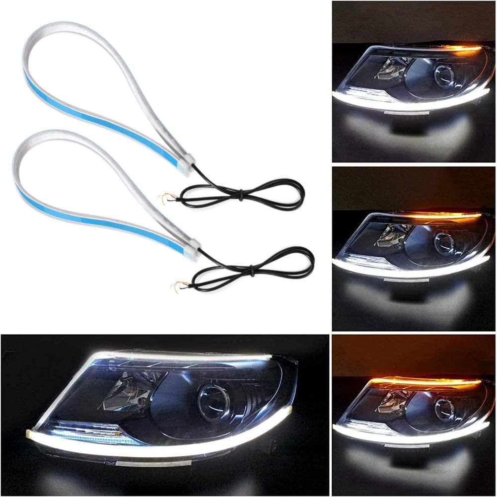 2 Pcs 24 Inches Waterproof Cuttable Exterior DRL Flexible Daytime Running Light Strips Switchback Headlight Decorative Lamp Dual Color White Amber DC 12V Led Strip Light Car Turn Signal Tube Lights 