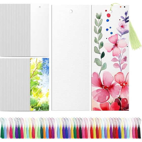 200 Pcs Watercolor Paper Blank Bookmarks with Colorful Tassels DIY Book Marks Kit Cotton Watercolor Paper Bookmarks with Hole Bookmark Pad for DIY Classroom and Gifts Tags, 5.5 x 2 Inches
