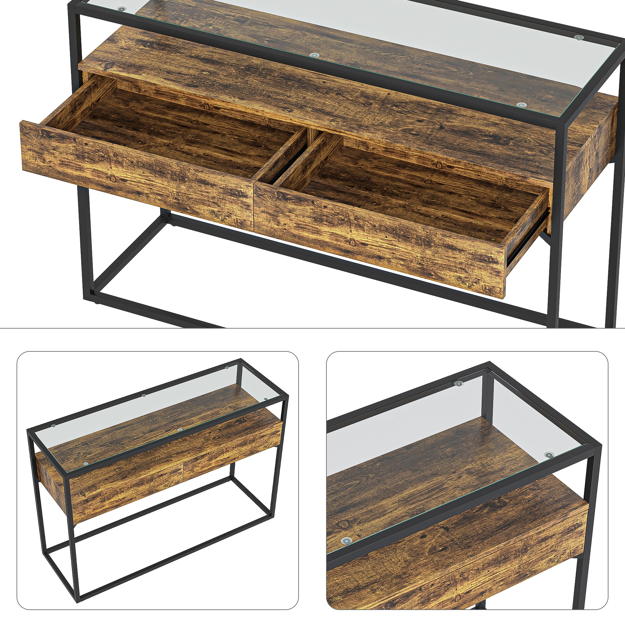 Kadyn Modern Console Table, Sofa Table with Drawers, Glass Entryway Table for Living Room, Brown