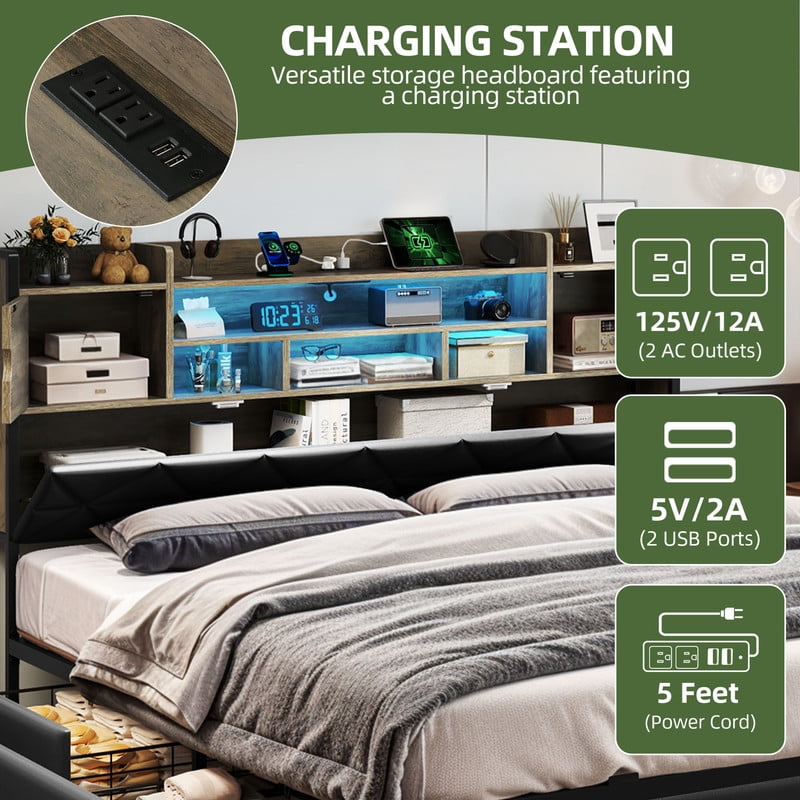 Uforic King Bed Frame with Storage Bookcase, Upholstered Bed with Charging Station and Drawers, Easy Assembly, Black