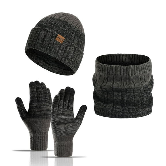 Winter Unisex Beanie Hat Scarf Touchscreen Gloves Set, Beanie Gloves Neck Warmer Set with Warm Knit Fleece Lined (Dark Gray)