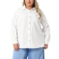 thumbnail image 1 of Camisa de mezclilla de mujer plus size Agnes Orinda de manga larga, con botones y bolsillo, 1X blanca, 1 of 5