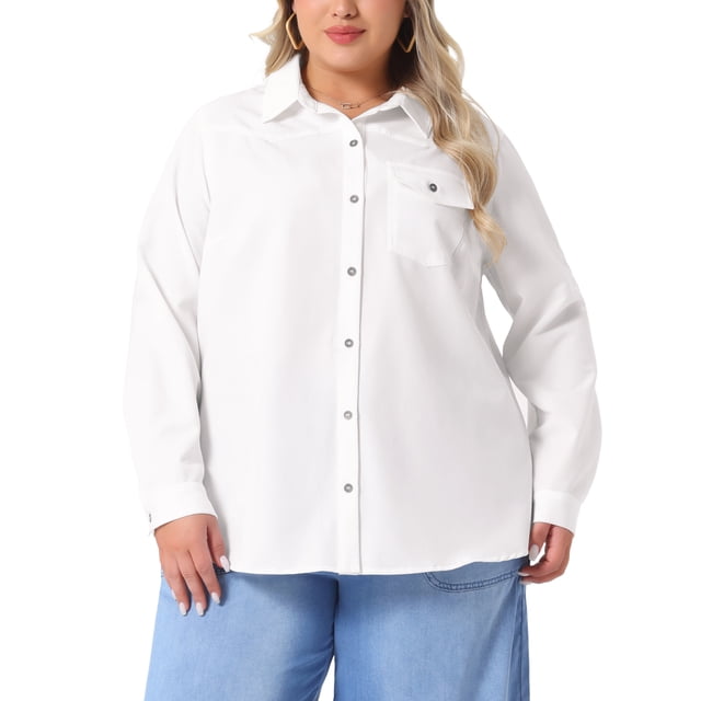 Camisa de mezclilla de mujer plus size Agnes Orinda de manga larga, con botones y bolsillo, 1X blanca