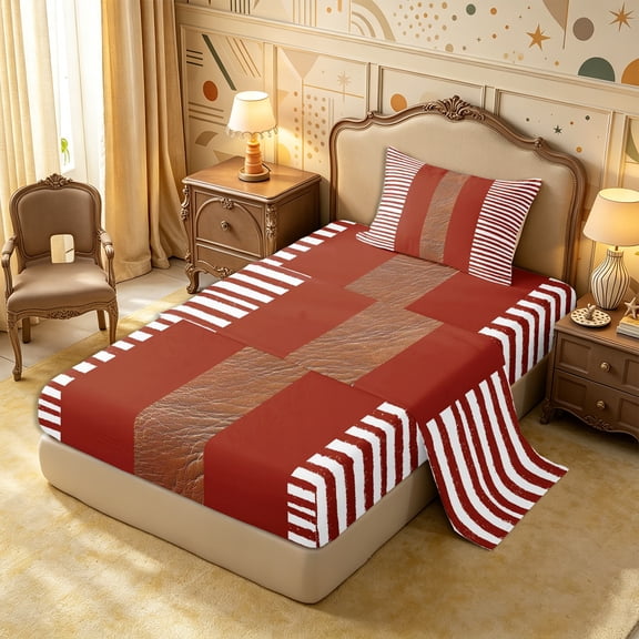 Castle Fairy Vintage Hand-Drawn Stripe Twin Sheets 3pcs,Retro Leather Textured Panel Bedding,Rust Tan White,1 Flat Sheet, 1 Fitted Sheet and 1 Pillowcase