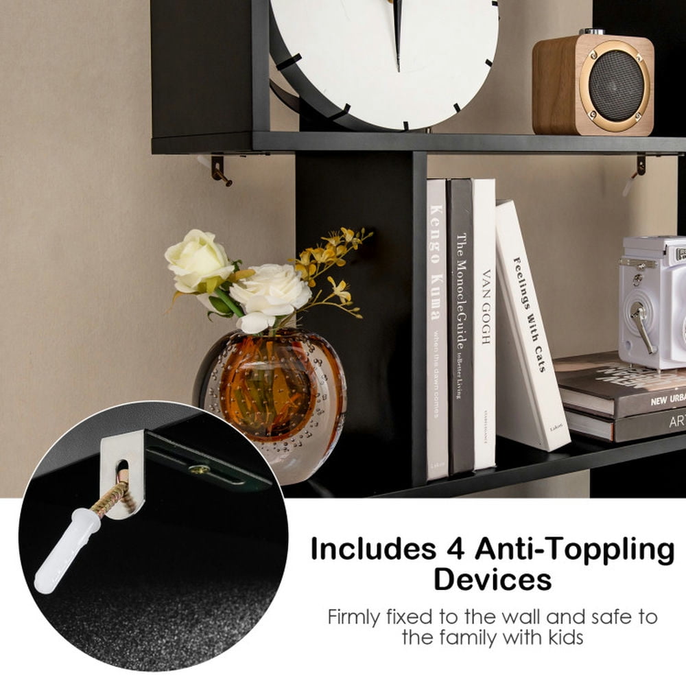 Demi Bonn 6-Tier S-Shaped Freestanding Bookshelf, Bookcase with Storage Cabinet and Doors, Black