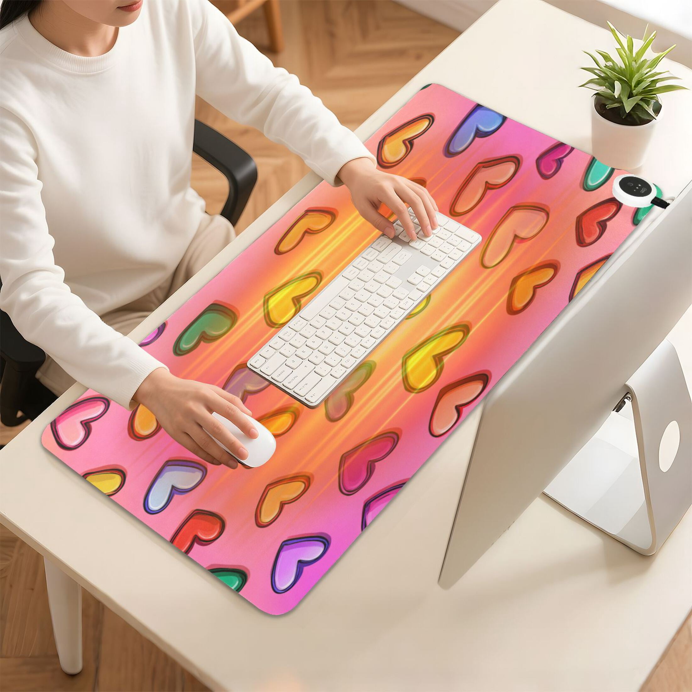 Large Heated Desk Mat Mouse Pad 31.5"x13"PU Leather Graphene Heating Desk Warmer with 3 Temperature Settings 110V US Plug Non-Slip Warm Pad for Home, Office, and Gaming Rainbow Heart Seamless Print