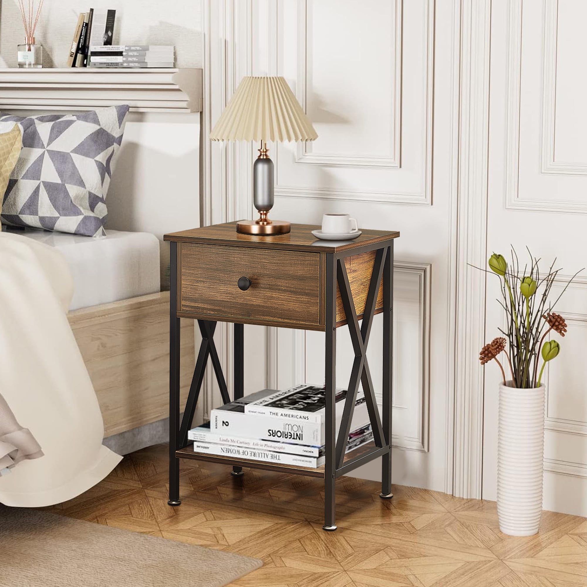 VECELO Nightstand with Drawer and Open Storage Shelves, Bedside End Table for Bedroom Living Room, Brown