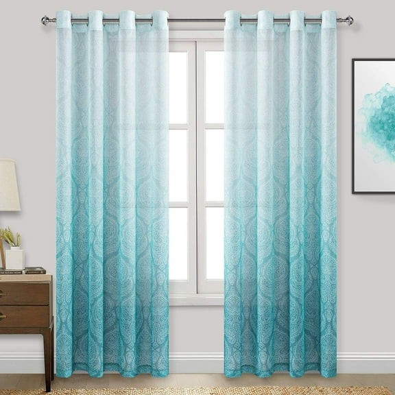 JIUZHEN Damask Ombre Semi Sheer Curtains for Living Room - Faux Linen Gradient Grommet Voile Curtains for Boys Kids Room Bedroom, 2 Window Curtain Panels, 52 x 84 inches Long, Turquoise