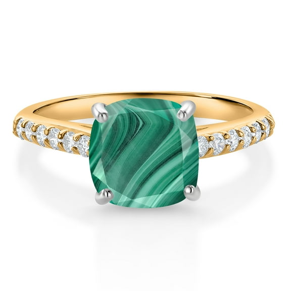 Gem Stone King 10K Yellow Gold 8MM Cushion Cut Green Malachite and White Lab Grown Diamond Engagement Ring for Women (3.18 Cttw, Gemstone, Size 8)