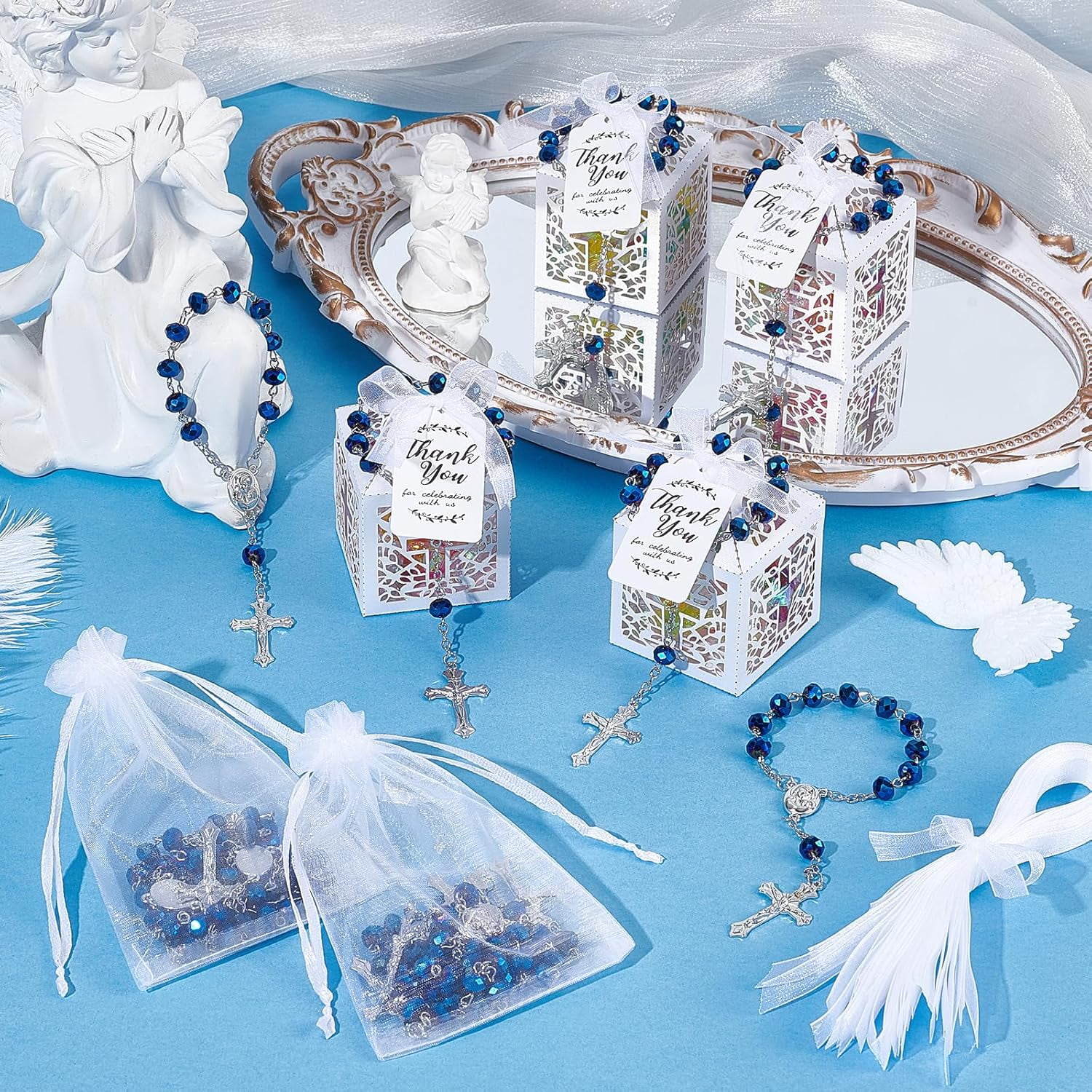 120PCS Baptism Favors Set Including 30 Mini Rosary Baptism Favors 30 Hollow Gift Boxes 30 Organza Bags 30 Thank You Tags Christening