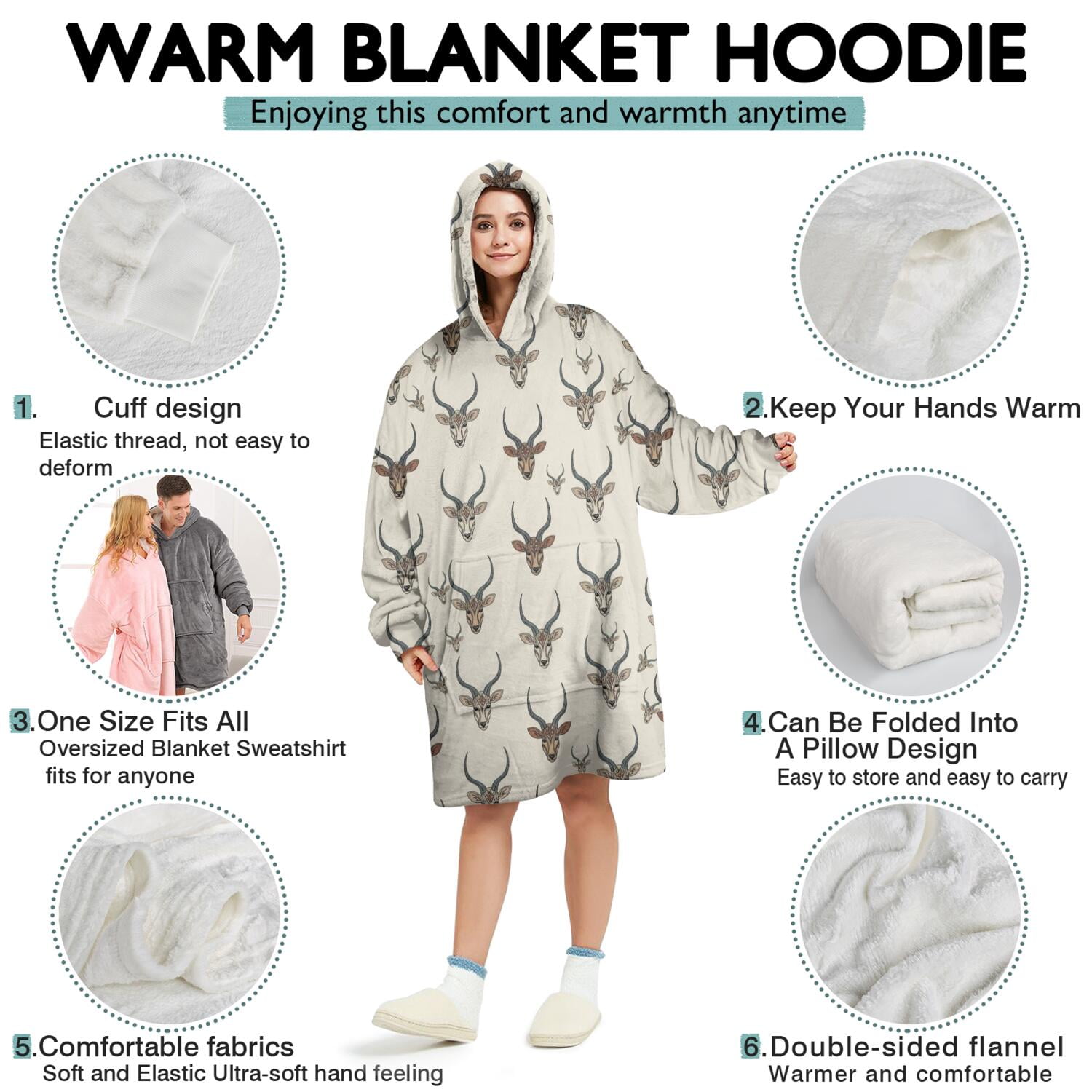 Beige Antelope Head Pattern Wearable Oversized Blanket,Wearable Blanket Hoodie for Adults,Cozy Hooded Blankets with Super Pockets,Super Warm Fuzzy Pullover for Women & Men