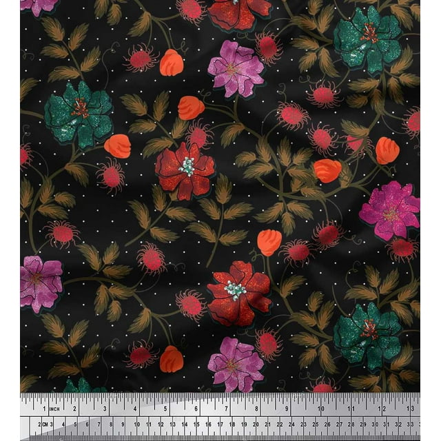 Soimoi Crepe Silk Fabric Dot,Leaves & Flower Print Sewing Fabric Yard 42 Inch Wide